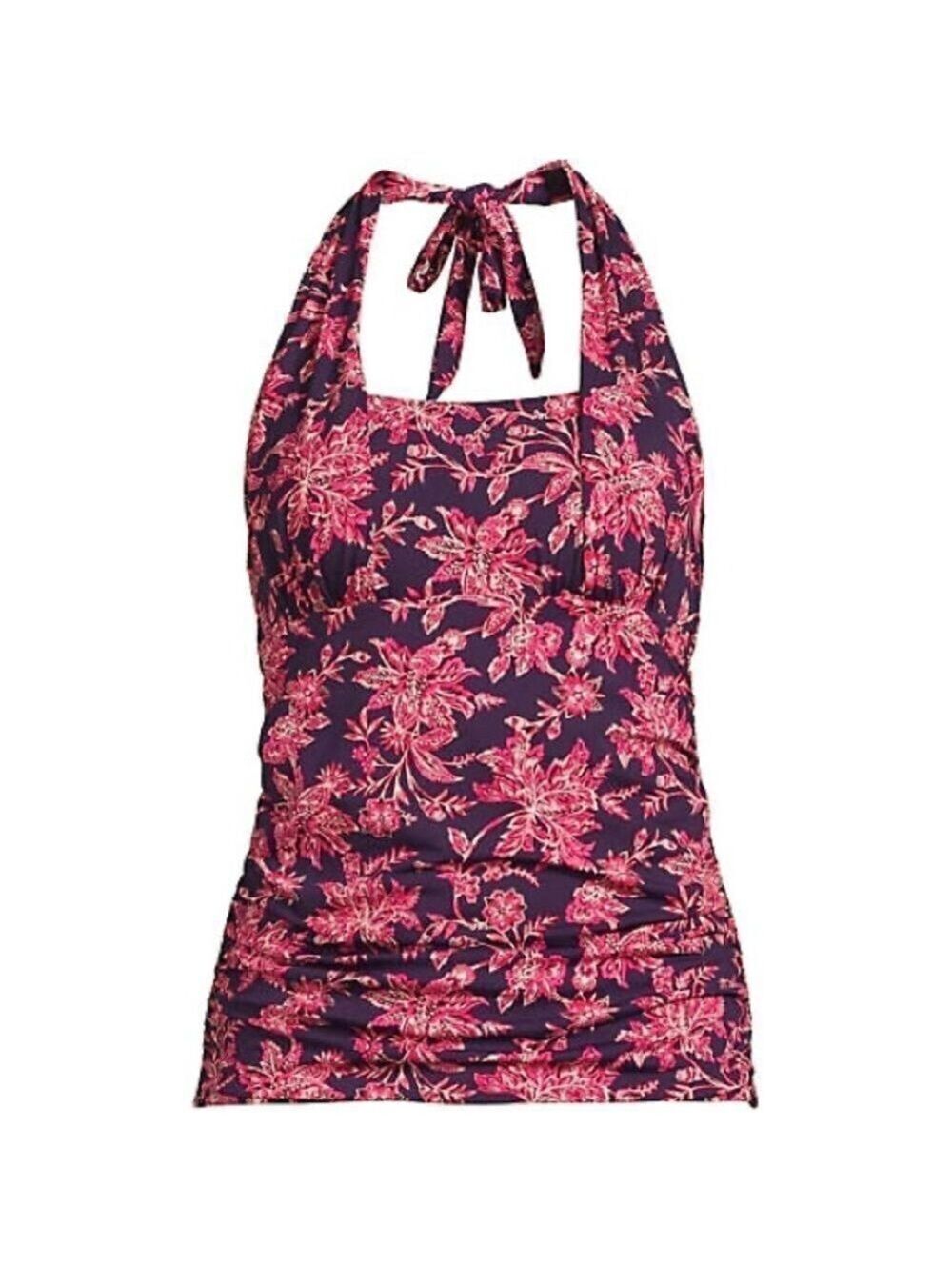 #0040 - Lands' End Pink Floral Halter Tankini Top on Navy